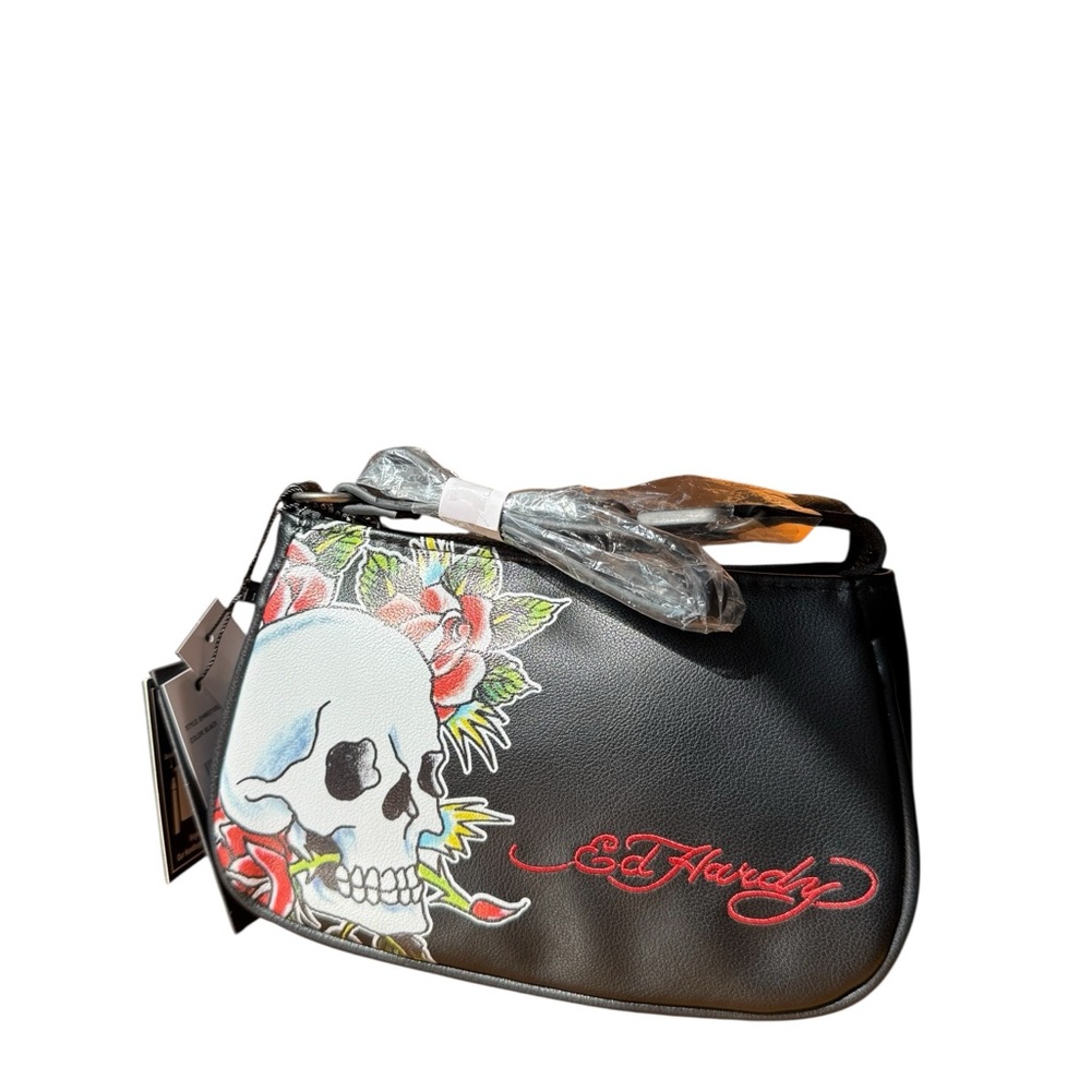 Ed Hardy Black Shoulder Bag with Skull & Rose Artwork